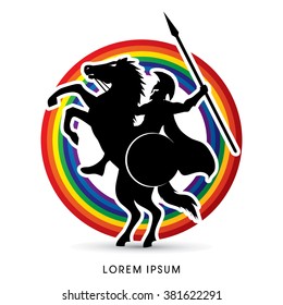 Spartan warrior riders with a spear designed on line rainbows background graphic vector.