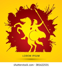 Spartan warrior riders with a spear designed on splash blood background graphic vector.