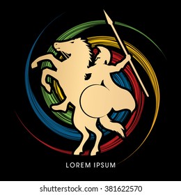 Spartan warrior riders with a spear designed on spin wheel background graphic vector.