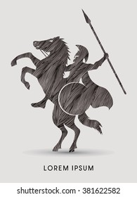 Spartan warrior riders with a spear designed using black grunge brush graphic vector.
