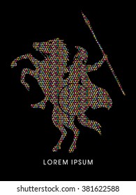 Spartan warrior riders with a spear designed using colorful mosaic graphic vector.