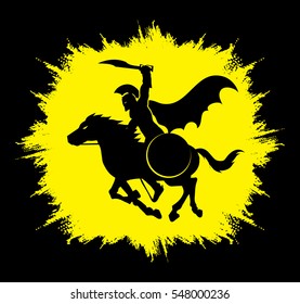 Spartan warrior riders with a sword ready to fight designed on grunge frame background graphic vector