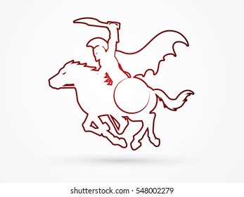 Spartan warrior riders with a sword ready to fight outline graphic vector