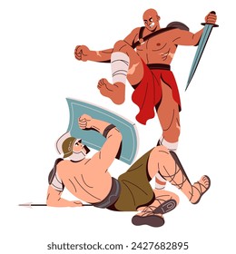 Guerrero espartano con cicatrices patea al enemigo. El gladiador romano protege de golpes. Antiguo soldado de rabia ataca a un luchador con espada, arma en mano. Ilustración aislada plana del vector sobre fondo blanco