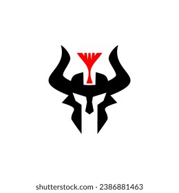 Spartan warrior shield and helmet logo. Spartan helmet logo, Spartan shield and helmet vector illustration, Spartan Greek gladiator armor flat vector icon.