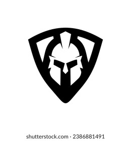 Spartan warrior shield and helmet logo. Spartan helmet logo, Spartan shield and helmet vector illustration, Spartan Greek gladiator armor flat vector icon.