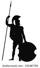 Spartan warrior with shield and spear detailed vector silhouette. EPS 8