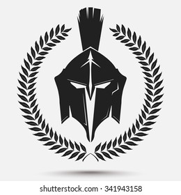 Spartan Warrior silhouette with laurel wreath,  Knight helmet, gladiator icon. Vector