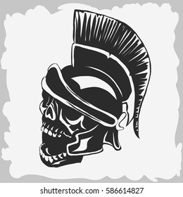 Spartan warrior skull in ancient helmet. Greek dead warrior, Gladiator death emblem, legionnaire heroic soldier. Vector