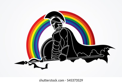 Spartan warrior with Spear and shield designed on rainbows background graphic vector.