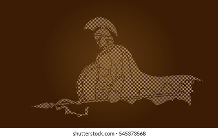 Spartan warrior with Spear and shield designed using dots pixels graphic vector.