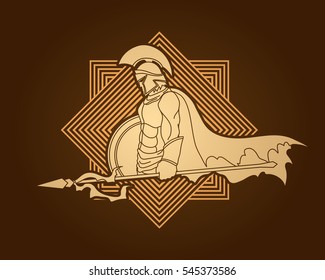 Spartan warrior with Spear and shield designed on golden square background graphic vector.