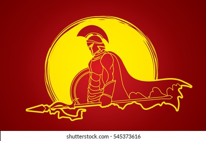 Spartan warrior with Spear and shield designed on moonlight background graphic vector.