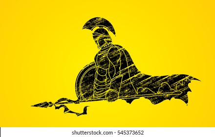 Spartan warrior with Spear and shield designed using grunge brush graphic vector.