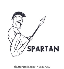 spartan warrior with spear and shield isolated on white, ancient warrior in helmet holding pike, vector illustration