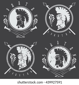 spartan warrior with spears ,swords and shield vintage labels vector set