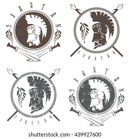spartan warrior with spears ,swords and shield vintage labels vector set