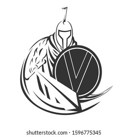 Spartan warrior with sword and shield black and white