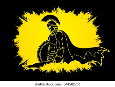 Spartan warrior with sword and shield designed on grunge frame graphic vector.