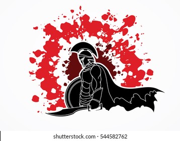 Spartan warrior with sword and shield designed on splatter blood graphic vector.
