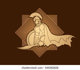 Spartan warrior with sword and shield designed on line square graphic vector.