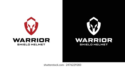 Spartan Warrior symbol Shield and Helmet Logo Design. Spartan Helmet Logo Inspiration. Spartan Shield and Helmet Vector Illustration. Spartan Greek Gladiator Armor Flat Vector Icon.