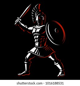 Spartan warrior. Vector illustration of gladiator on dark background.