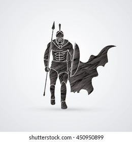 Spartan warrior walking with a spear designed using black grunge brush graphic vector.