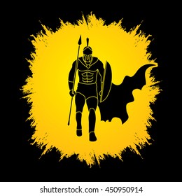 Spartan warrior walking with a spear designed on grunge frame background graphic vector.