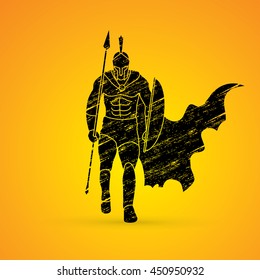 Spartan warrior walking with a spear designed using black grunge brush graphic vector.