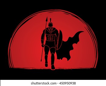 Spartan warrior walking with a spear designed on sunset background graphic vector.