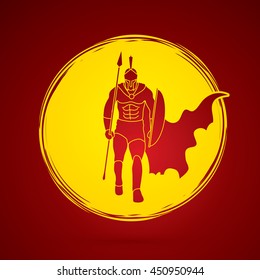 Spartan warrior walking with a spear designed on grunge circle background graphic vector.