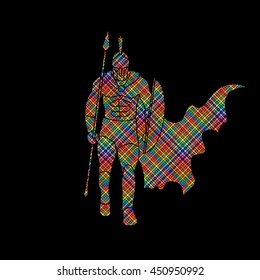 Spartan warrior walking with a spear designed using colorful pixels graphic vector.