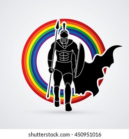 Spartan warrior walking with a spear designed on line rainbow background graphic vector.