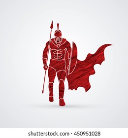 Spartan warrior walking with a spear designed using red grunge brush graphic vector.