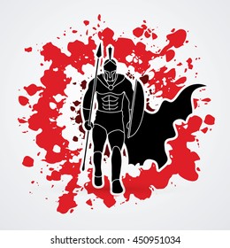 Spartan warrior walking with a spear designed on splatter blood background graphic vector.