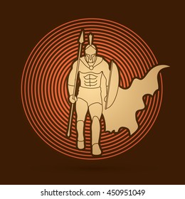 Spartan warrior walking with a spear designed on circle light background graphic vector.