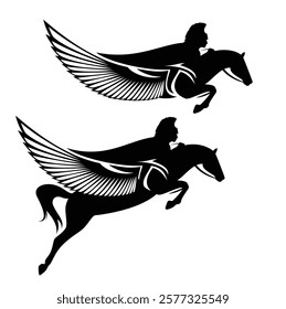 spartan warrior wearing helmet and cloak riding winged pegasus horse jumping forward - brave ancient greek hero or god black and white vector outline