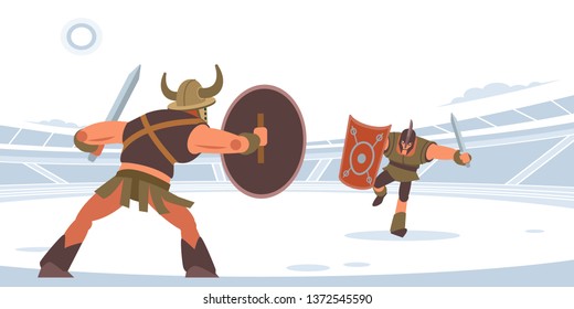 Spartan warriors fighting. Gladiator with shield and roman man on arena. Vector isolated illustration. Flat style.