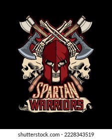 Spartan warriors Skull Head - Skull in armor, fighting axes - T-Shirt design - vector illustration - Black version