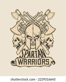 Spartan warriors Skull Head - Skull in armor, fighting axes - T-Shirt design - vector illustration - White version