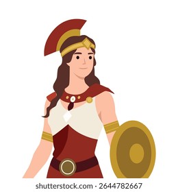 Spartan woman clad in red and gold armor, holding a shield and wearing a traditional crested helmet. Flat vector illustration isolated on white background