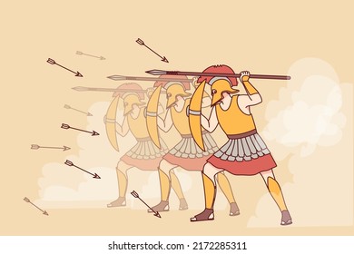 Spartaner in Rüstung mit Schilden und Speeren greifen an. Krieger in Schutzkleidung greifen zusammen. Krieg und uralte Zeiten. Vektorgrafik. 