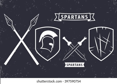 Spartans. Elements for emblem, logo design, spartan helmet, crossed swords, spears, shield, vector illustration