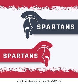 Spartans logo with warrior helmet with mohawk in red and gray, vector illustration
