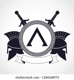 Sparten Theme Heraldry Logo With Shield Helmets And Swords