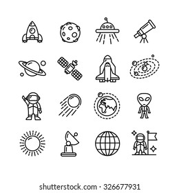 Spase Outline Black and White Icons Set. Vector illustration