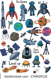 Spase set collection. Science set collection. Cute, funny pattern. Vector hand drawn artwork. Black and white. Coloring book page for adults and kids. Wallpaper