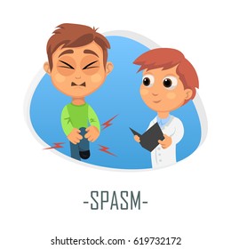 Spasm medical concept. Vector illustration. Doctor and patient are talking in the hospital. Isolated on white background.
