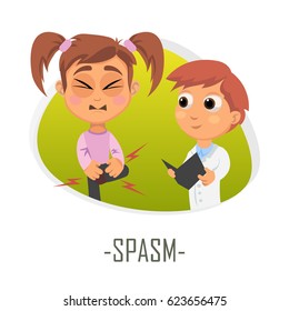 Spasm medical concept. Vector illustration. Doctor and patient are talking in the hospital. Isolated on white background.
